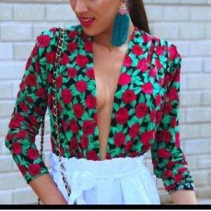 Zara Red Rose Print Deep V Bodysuit with Green Leaves